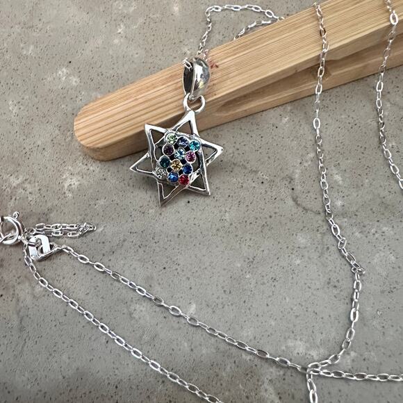 Sterling Silver Hoshen Star of David Multi-Colored CZ Necklace - Picture 2 of 5